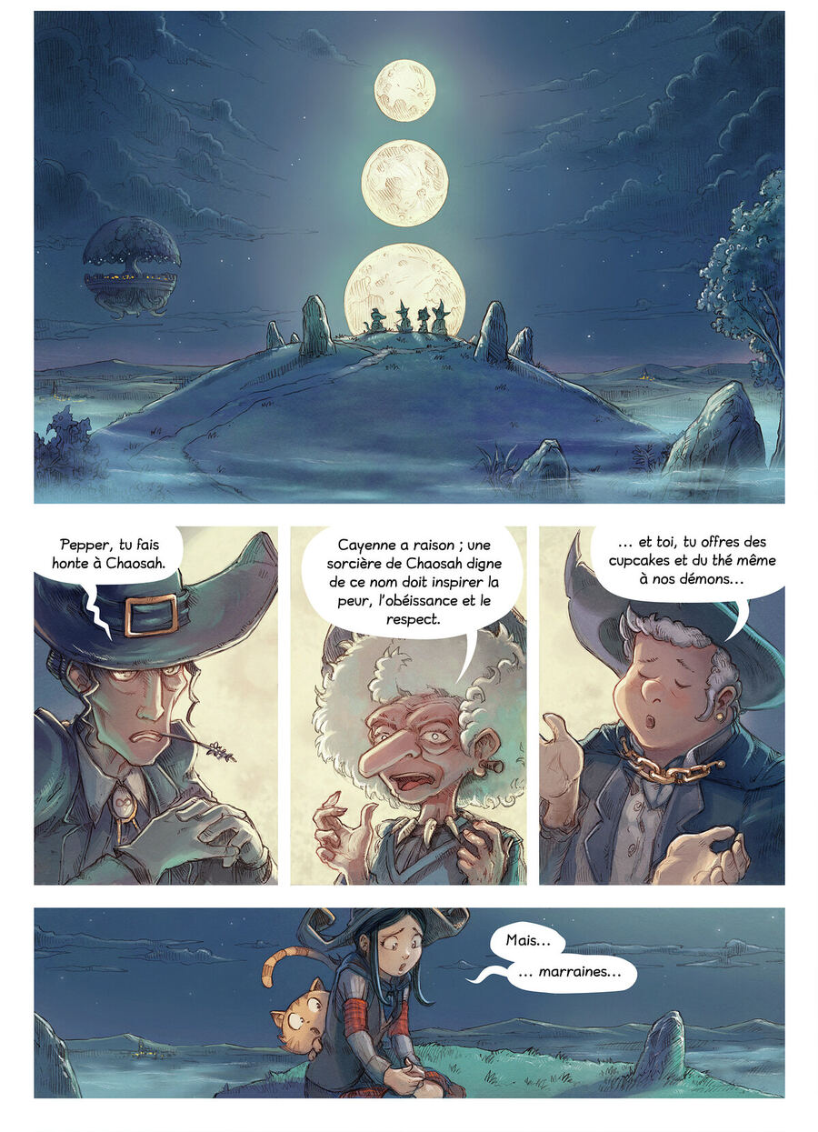 Page 1 de l'épisode 11 de Pepper&Carrot : Pepper, une jeune sorcière aux cheveux sombres, et son chat roux Carrot.