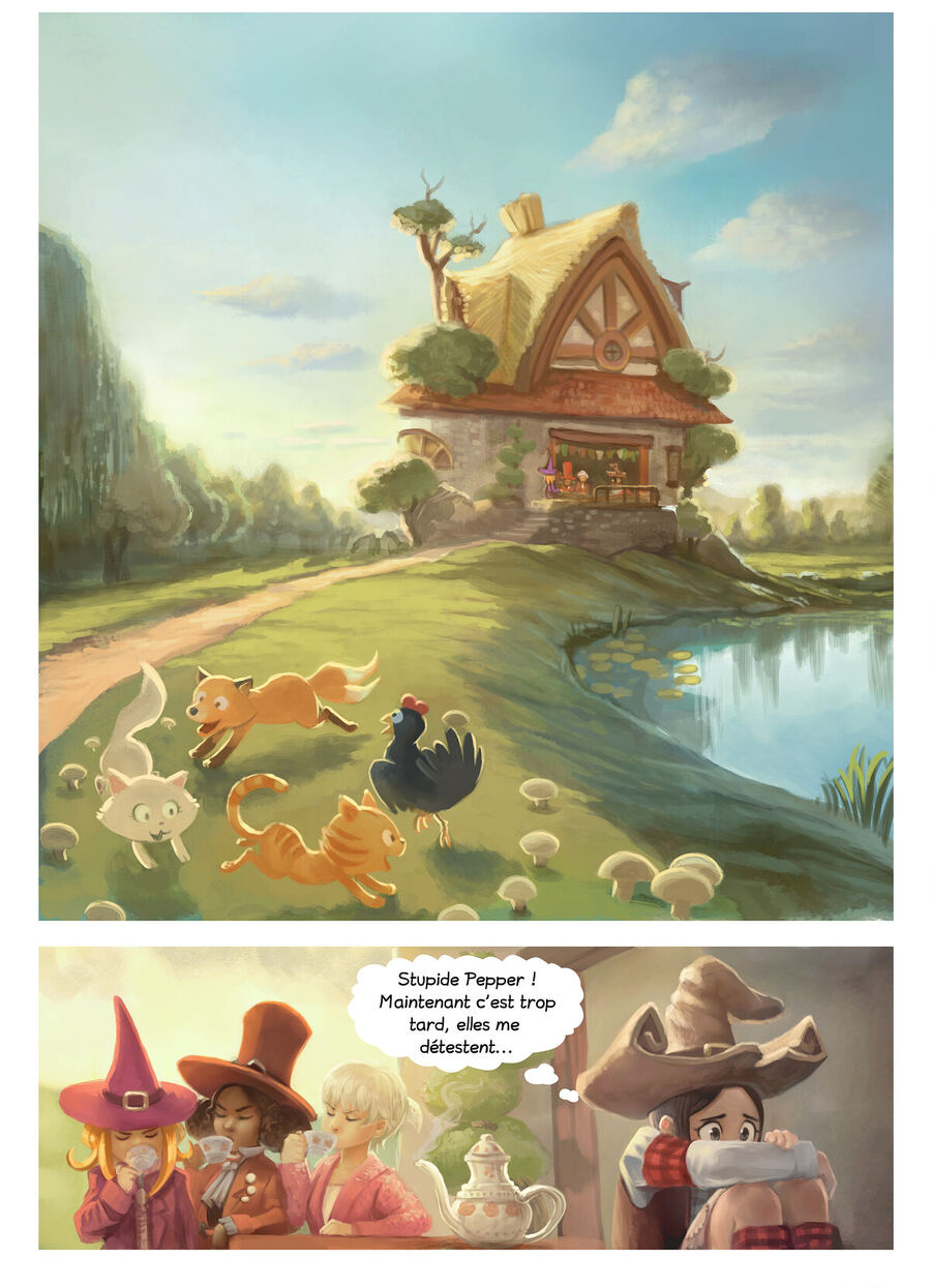 Page 3 de l'épisode 9 de Pepper&Carrot : Pepper, une jeune sorcière aux cheveux sombres, et son chat roux Carrot.